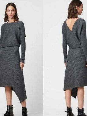 & Other Stories Charcoal Ribbed Asymmetrical Knit Dress